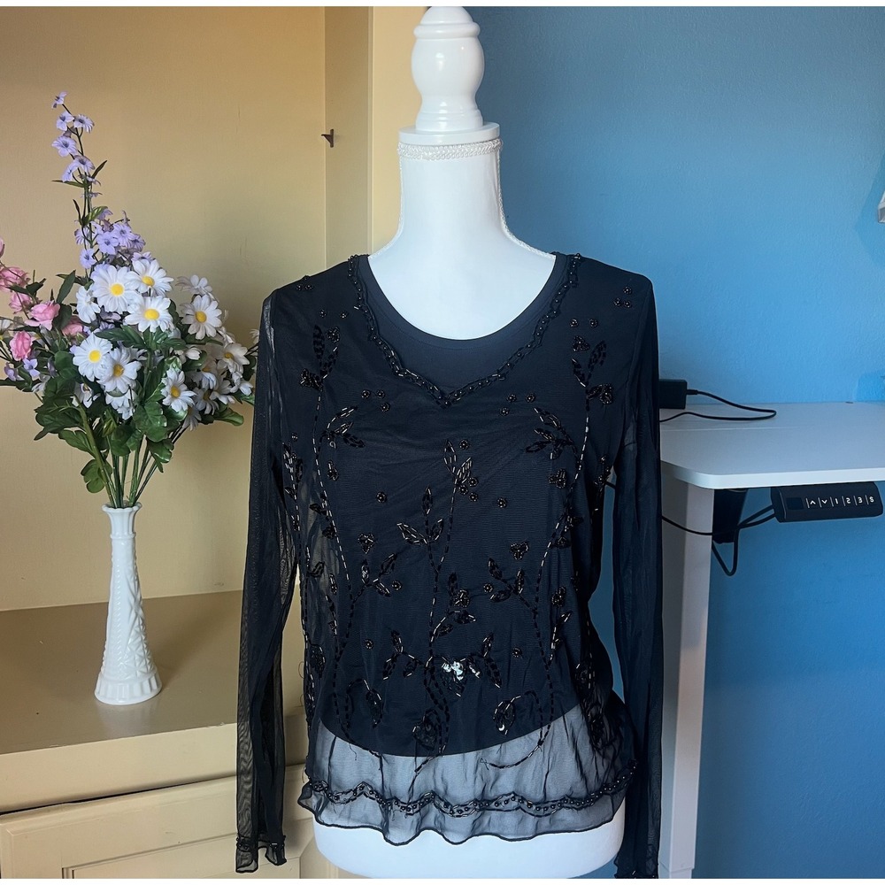 Vtg Womens Mesh Y2K Beaded Top‎ Size L Black Dark Fairy Grunge Sheer Witchy Goth